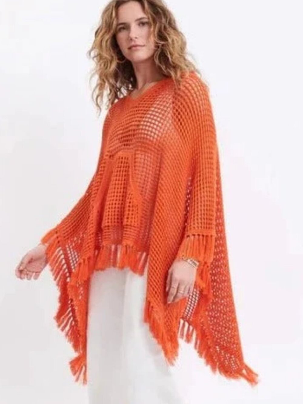 Mersea Playa Hoodie Poncho Crochet Fringe Orange One Size
